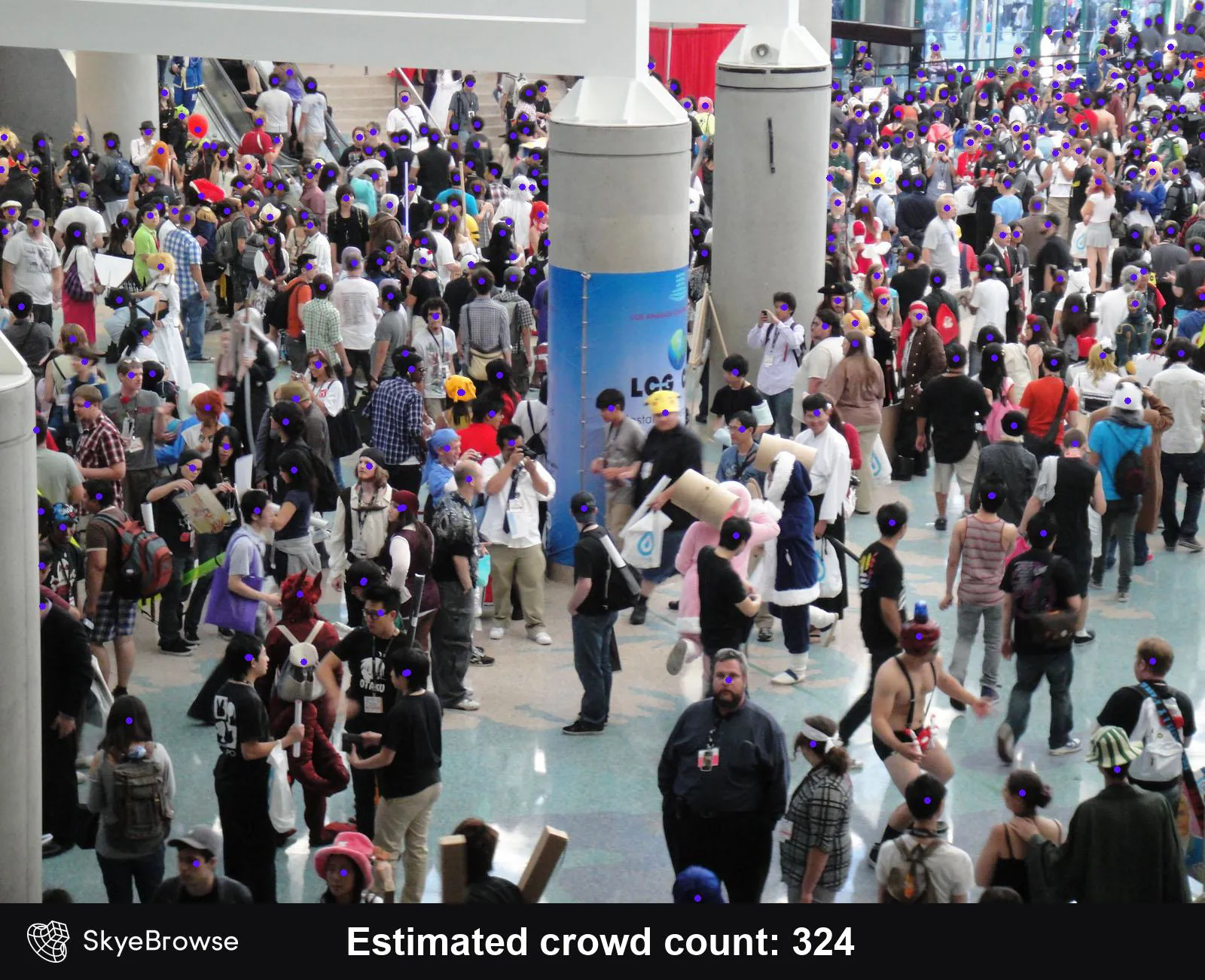 Convention hall lobby full of attendees and cosplayers, each head marked with a purple dot