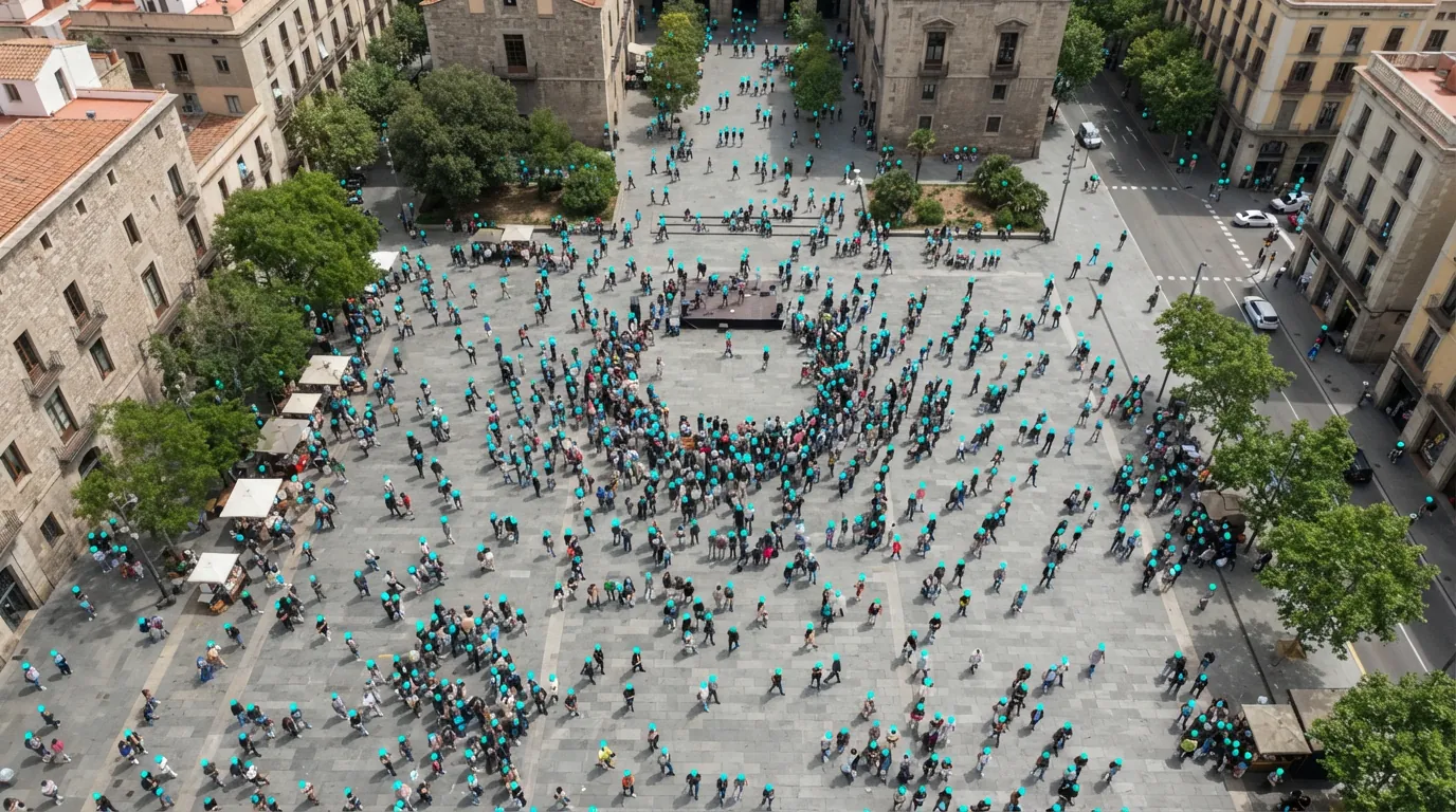 Overhead drone photo of people spread across a city plaza, each head marked with a teal dot