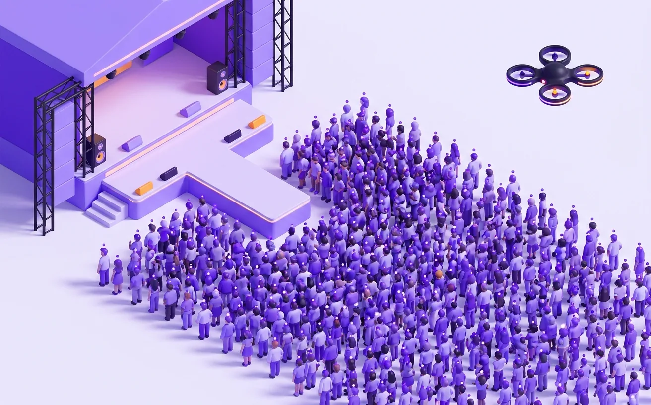 Illustration of a festival stage in front of a dense crowd with a drone flying above
