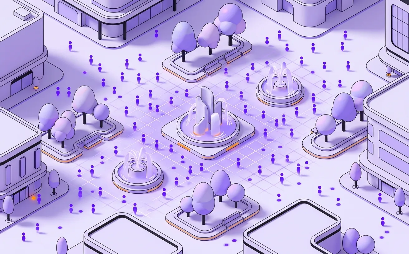 Illustration of an aerial city plaza with people marked by violet dots