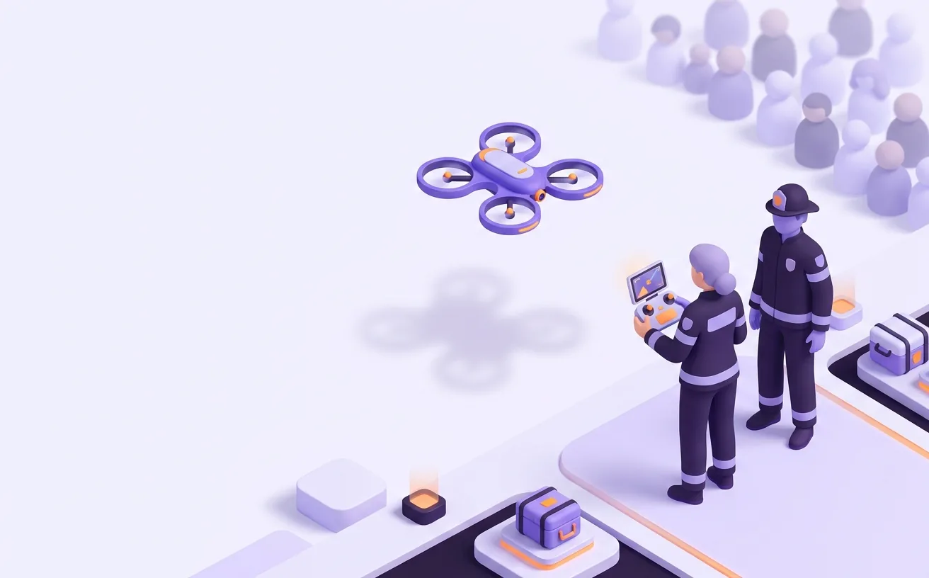 Illustration of two public safety responders, one holding a drone controller, with a drone overhead and a crowd in the background