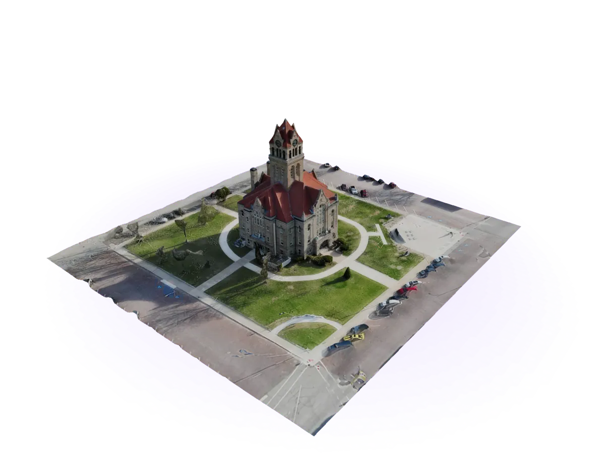 Textured 3D model of a courthouse town square, reconstructed from drone video