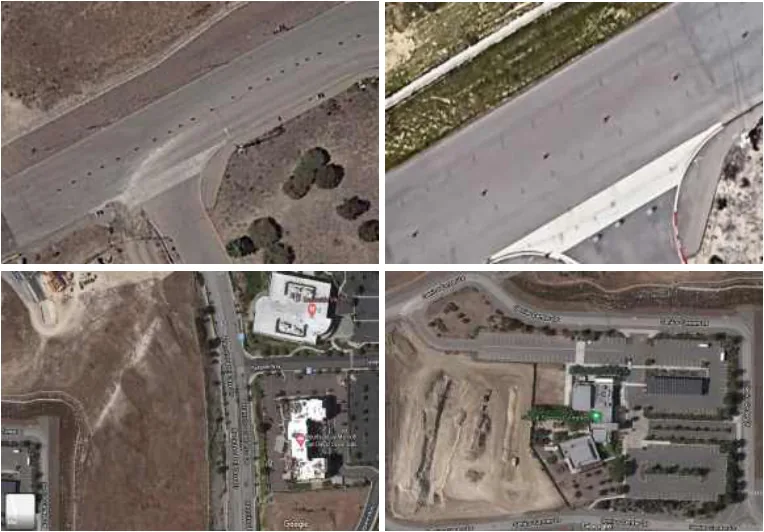 Four Google Earth satellite views of the accident site at 3302 Senior Center Drive in Oceanside, California, and nearby structures