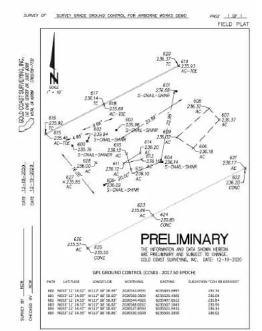 Preliminary survey CAD drawing of the accident site from Gold Coast Surveying with ground control point coordinates and elevations