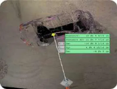Leica BLK360 laser scan point cloud in Cyclone Register 360 measuring the car door to GCP4 line (Location 5), view 2