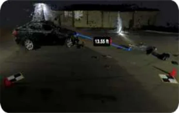 SkyeBrowse video-based 3D model measuring the car hood to crash dummy foot line (Location 6), view 1