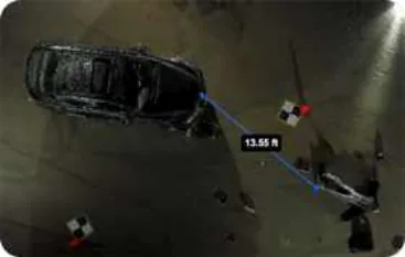 SkyeBrowse video-based 3D model measuring the car hood to crash dummy foot line (Location 6), view 2