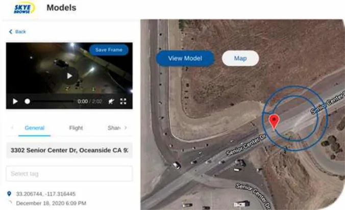 SkyeBrowse model page showing the flight video and a map pin at 3302 Senior Center Dr, Oceanside, CA, recorded December 28, 2020