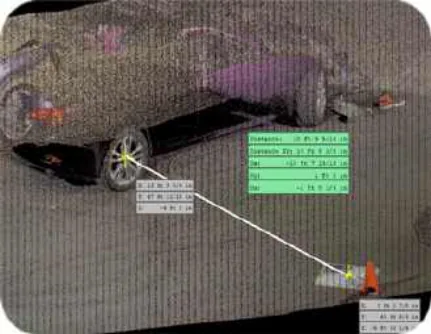 Leica BLK360 laser scan point cloud in Cyclone Register 360 measuring the wheel to wheel to GCP4 triangle (Locations 7-9), view 1