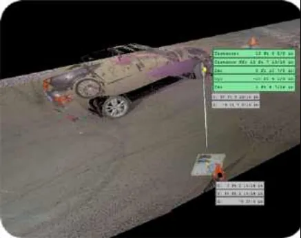 Leica BLK360 laser scan point cloud in Cyclone Register 360 measuring the wheel to wheel to GCP4 triangle (Locations 7-9), view 3